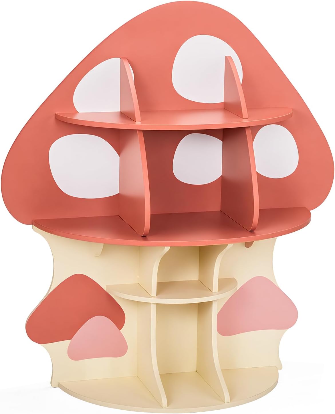 Karl home Children Mushroom Bookcase, Toddler Tree Bookshelf for Kids, Baby Montessori Bookshelf and Toy Storage, Kids Room Furniture, Display Shelf for Bedroom, Nursery, Playroom, Red-Orange