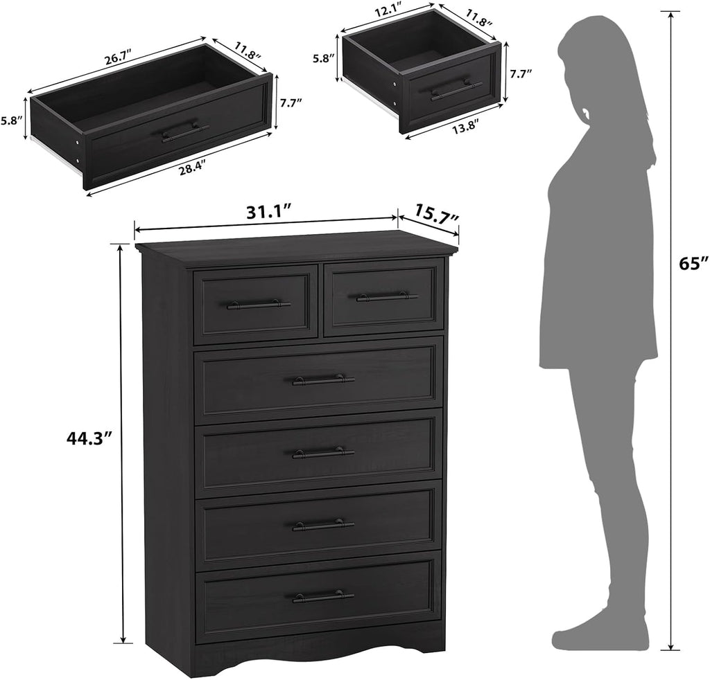 YANSNWO Black Farmhouse Dresser for Bedroom, Modern 6 Chest of Drawers, 44' Tall Chest of Drawers w/Brushed Metal Handle, Wood Closet Organizers and Storage Cabinet for Bedroom, Living Room, Hallway