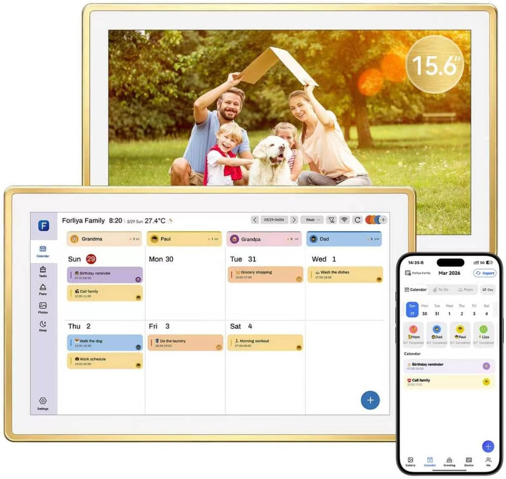 ANKRA 15.6' Digital Calendar, No Subscription Electronic Wall Calendar, Interactive Touchscreen Display for Family Schedules, Meal Planner, Chore Chart with Rewards, Digital Photo Frame, Wall & Desk Mountable (Gold)