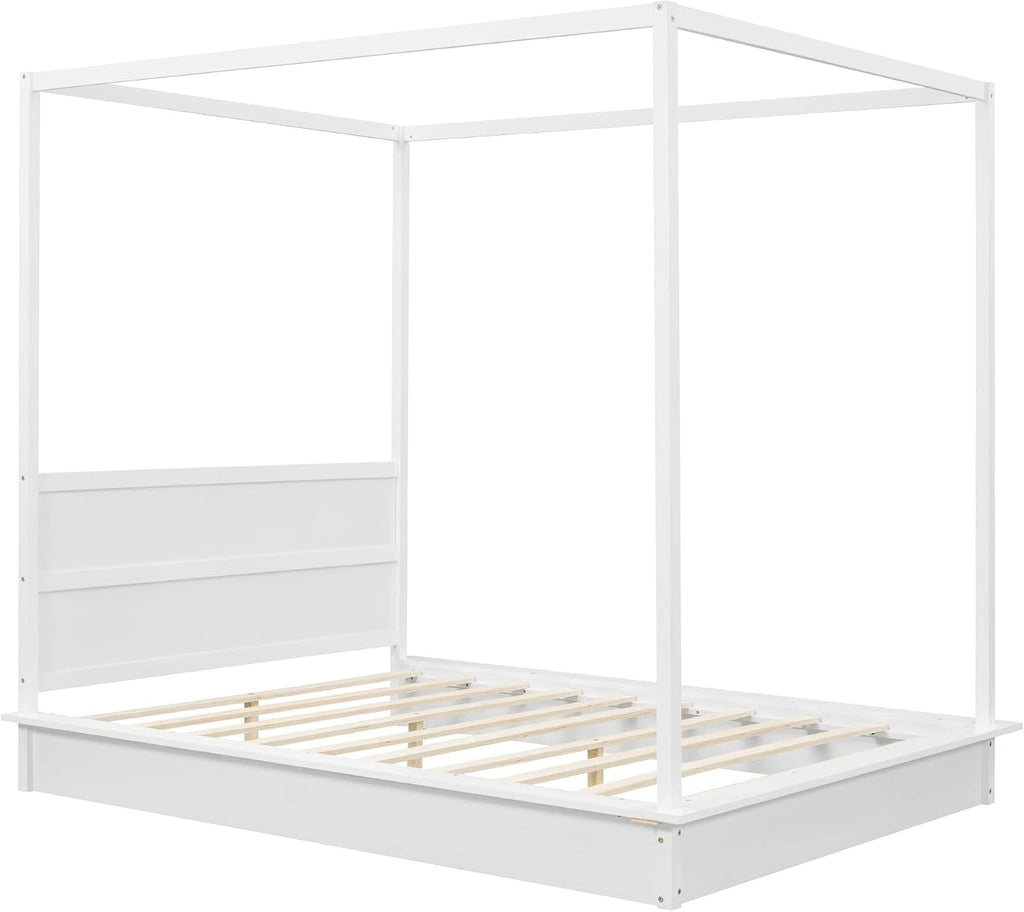 Queen Size Canopy Platform Bed with LED Lights and Headboard, Wooden 4-Post Canopy Bed Frame with Support Slats, No Box Spring Needed (Queen)