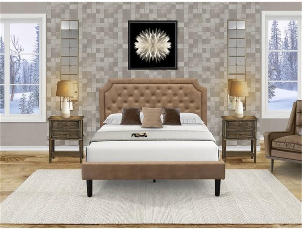 East West Furniture GB28Q-2VL07 3-Piece Granbury Bed Set with Button Tufted Queen Bed Frame and 2 Distressed Jacobean Night Stands - Brown Faux Leather with Brown Texture and Black Legs