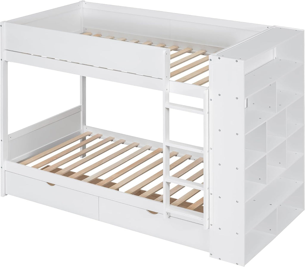 Twin Over Twin Bunk Bed with Bookcase, Wood Bunk Bed Frame with 2 Drawers and Multi-Layer Cabinet Storage Shelves, Bed with High Guardrails for Kids Teens(White, Twin)