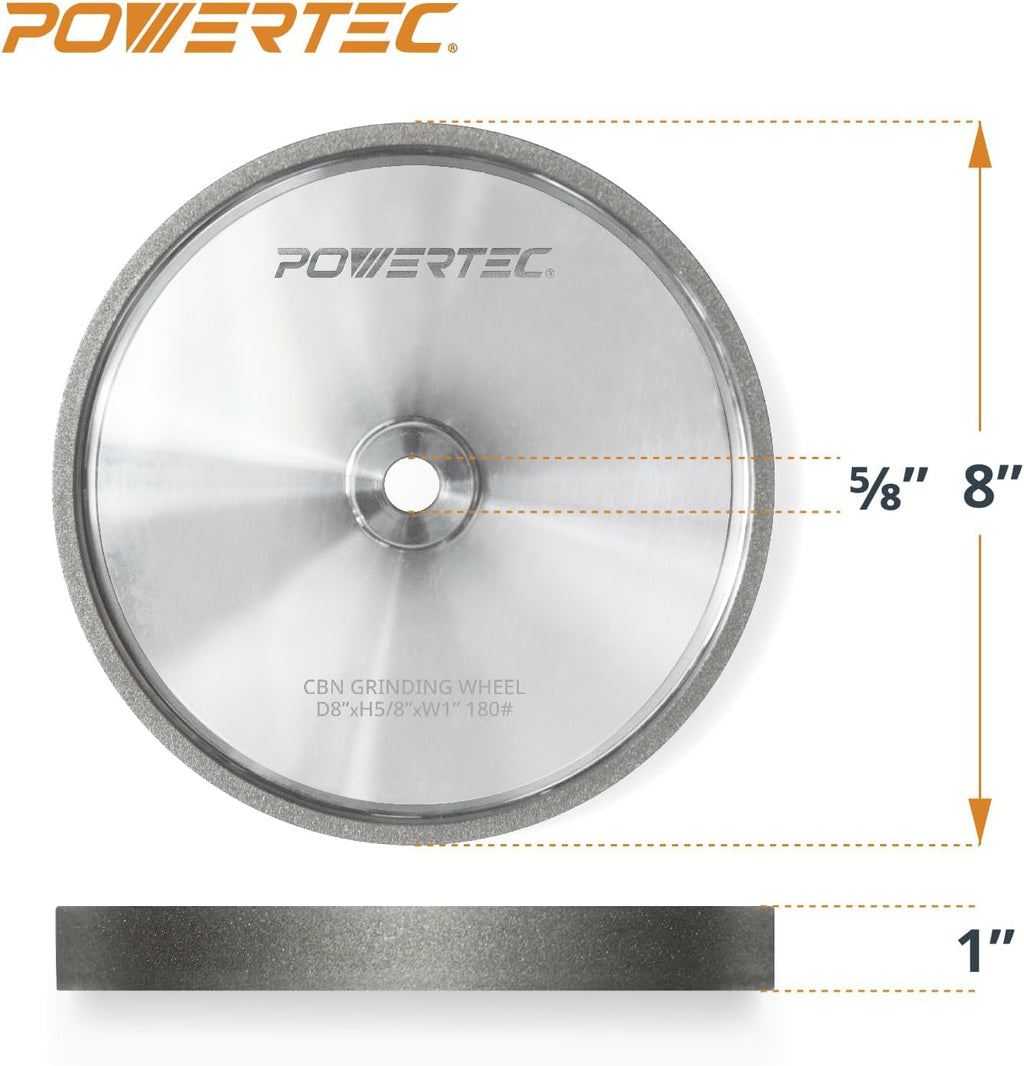 POWERTEC CBN Grinding Wheel 8 Inch 180 Grit, Bench Grinder Wheel for Sharpening HSS Tools, Lathe Tools & Chisel Set, 8' x 1' Wide, 5/8' Arbor Bench Grinder Wheels for Bench Grinder, 2 PK (15700-P2)