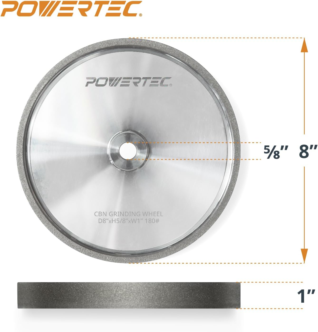 POWERTEC CBN Grinding Wheel 8 Inch 180 Grit, Bench Grinder Wheel for Sharpening HSS Tools, Lathe Tools & Chisel Set, 8' x 1' Wide, 5/8' Arbor Bench Grinder Wheels for Bench Grinder, 2 PK (15700-P2)