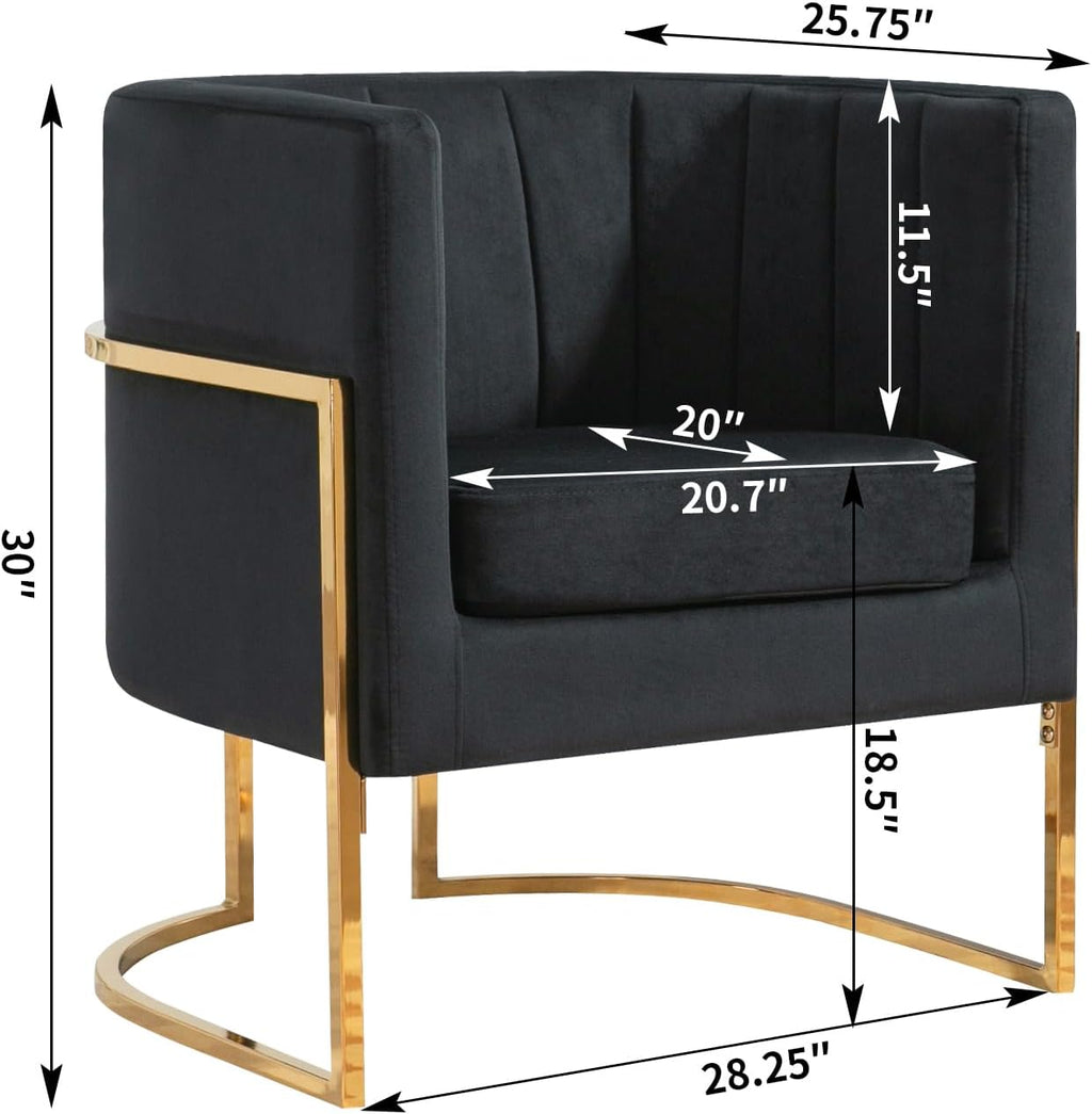 Velvet Modern Accent Chair, Upholstered Barrel Armchair Mid Century with Pillow for Living Room, Comfy Single Vanity Chair with Metal Gold Legs for Bedroom, Black
