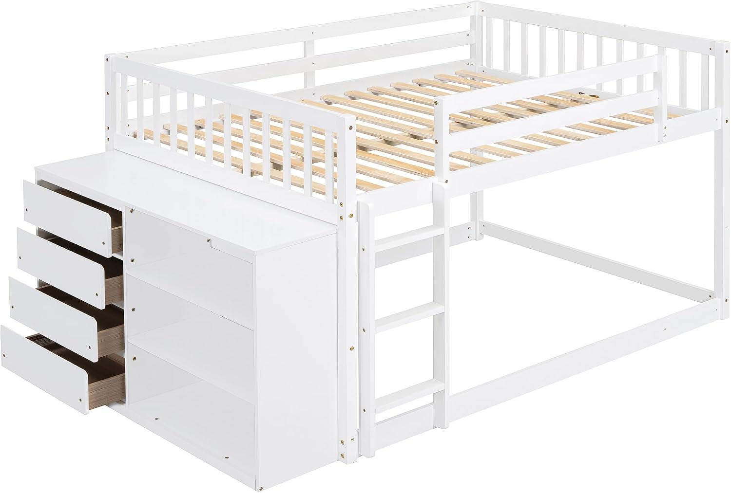 DNYN Full Over Full Bunk Bed with Storage Shelves & 4 Drawers for Kids Bedroom,Wooden Bedframe w/Ladder & Safety Guardrails,Super Save Space & No Box Spring Needed, White