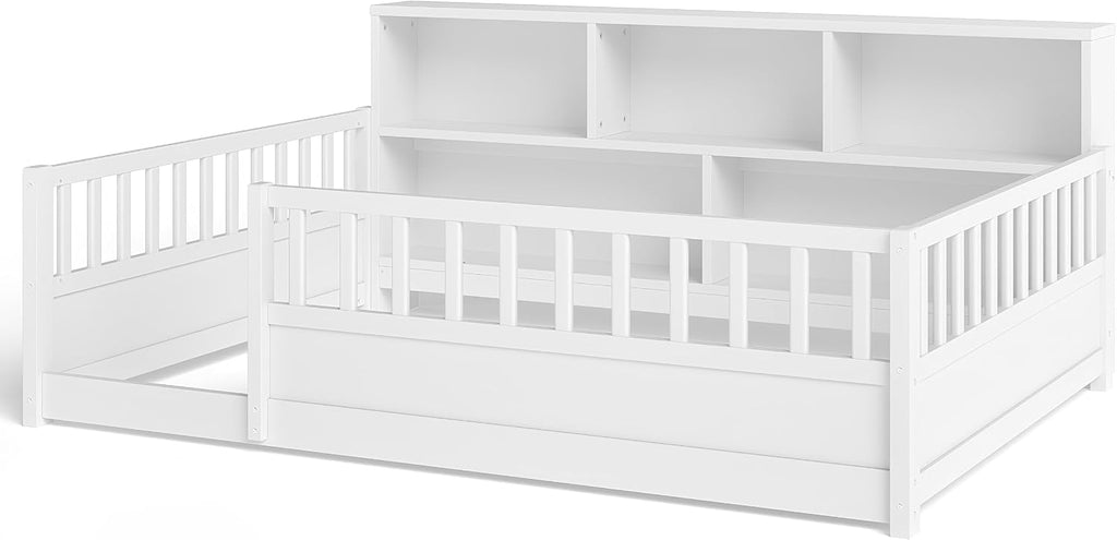 JIJIWANG Full Size Floor Bed for Kids, Wooden Montessori Bed Frame with Bookcase, Storage Shelves & Safety Fence Rails, Floor Beds Full for Girls, Boys, No Box Spring Needed, Without Slats, White