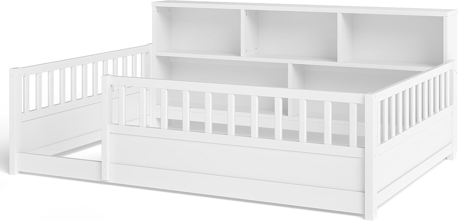 JIJIWANG Full Size Floor Bed for Kids, Wooden Montessori Bed Frame with Bookcase, Storage Shelves & Safety Fence Rails, Floor Beds Full for Girls, Boys, No Box Spring Needed, Without Slats, White