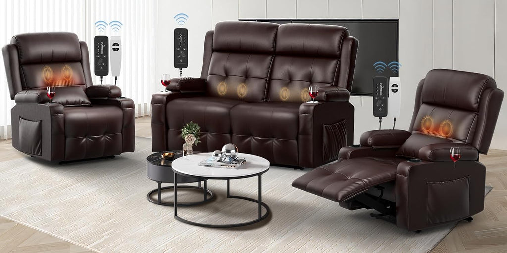 Reclining Loveseat, 2 Single Power Heat & Massageable Recliner Chairs with Storage, Cup Holders, Oversized Massage Sofa Heavy Weight Capacity, Wall Hugger Couches for Living Room & RV