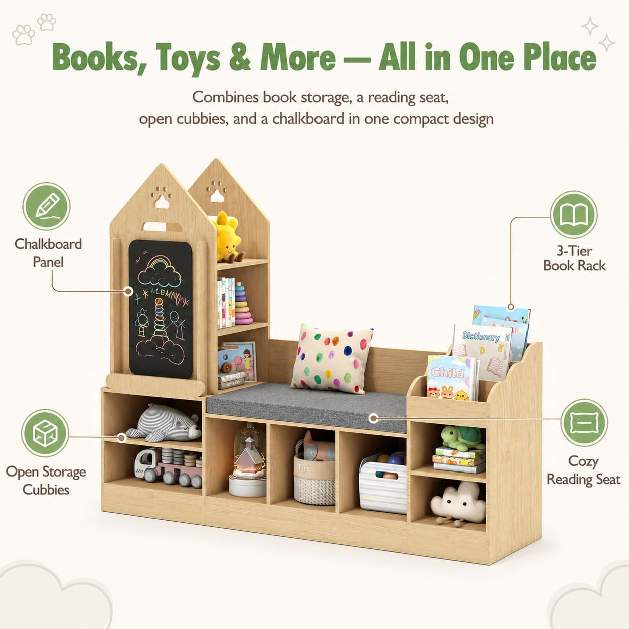 Xilingol Kids Reading Nook with Storage Bench and Chalkboard, Wooden Kids Bookshelf and Toy Storage, Toy Organizer for Boys & Girls, Toddler Reading Nook for Bedroom, Nursery, Playroom, Natural Oak