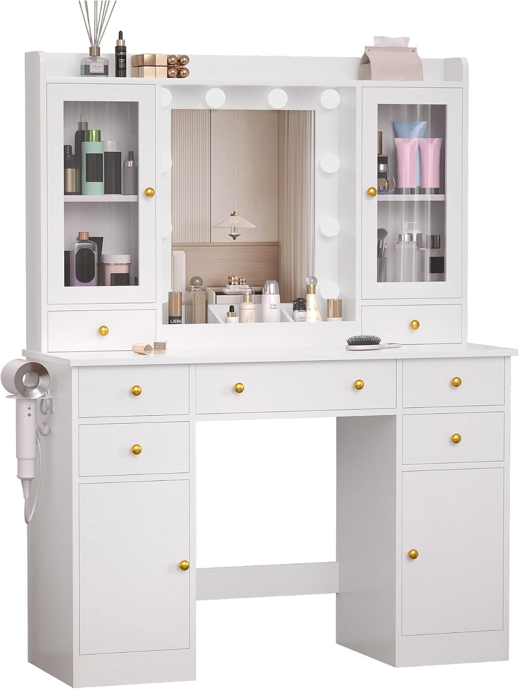 Wodeer Vanity Desk with Mirror and Lights, 43' White Makeup Vanity Set with 5 Drawers & Glass Cabinets, Makeup Tray, Power Outlet & Adjustable LED Lights, Dressing Table for Women Girls Bedroom