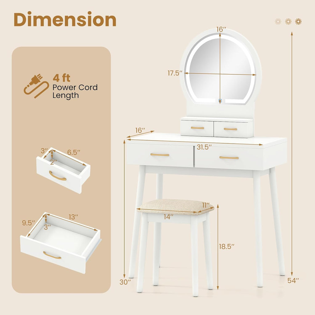 CHARMAID Vanity Desk with Mirror and Lights, Modern Makeup Vanity Table with 4 Drawers, 3-Color Dimmable LED Mirror, Girls Dressing Table and Stool Set for Small Bedroom (White)
