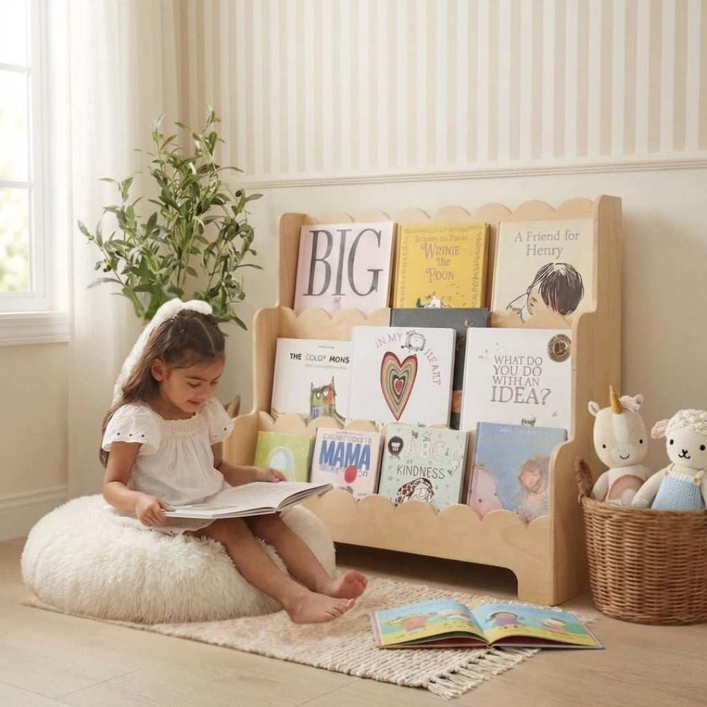 CAALMA Premium Scalloped Bookshelf for Nursery & Kids Bedroom - 29.5x27.5 in - 3-Tier Wooden Montessori Bookshelf - Kids Bookcase for Nursery, Playroom or Classroom, Minimalist Toddler Book Shelf