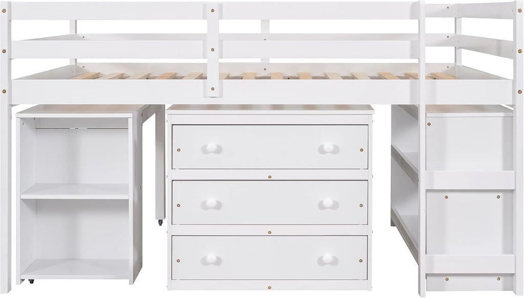 JIVOIT Full Size Low Loft Bed with Rolling Portable Desk, Wooden Loft Bed with Cabinet/Bookshelf/Drawers/Open Shelves for Kids Teens Adults, No Box Spring Required (White-Full-Rolling Portable Desk)