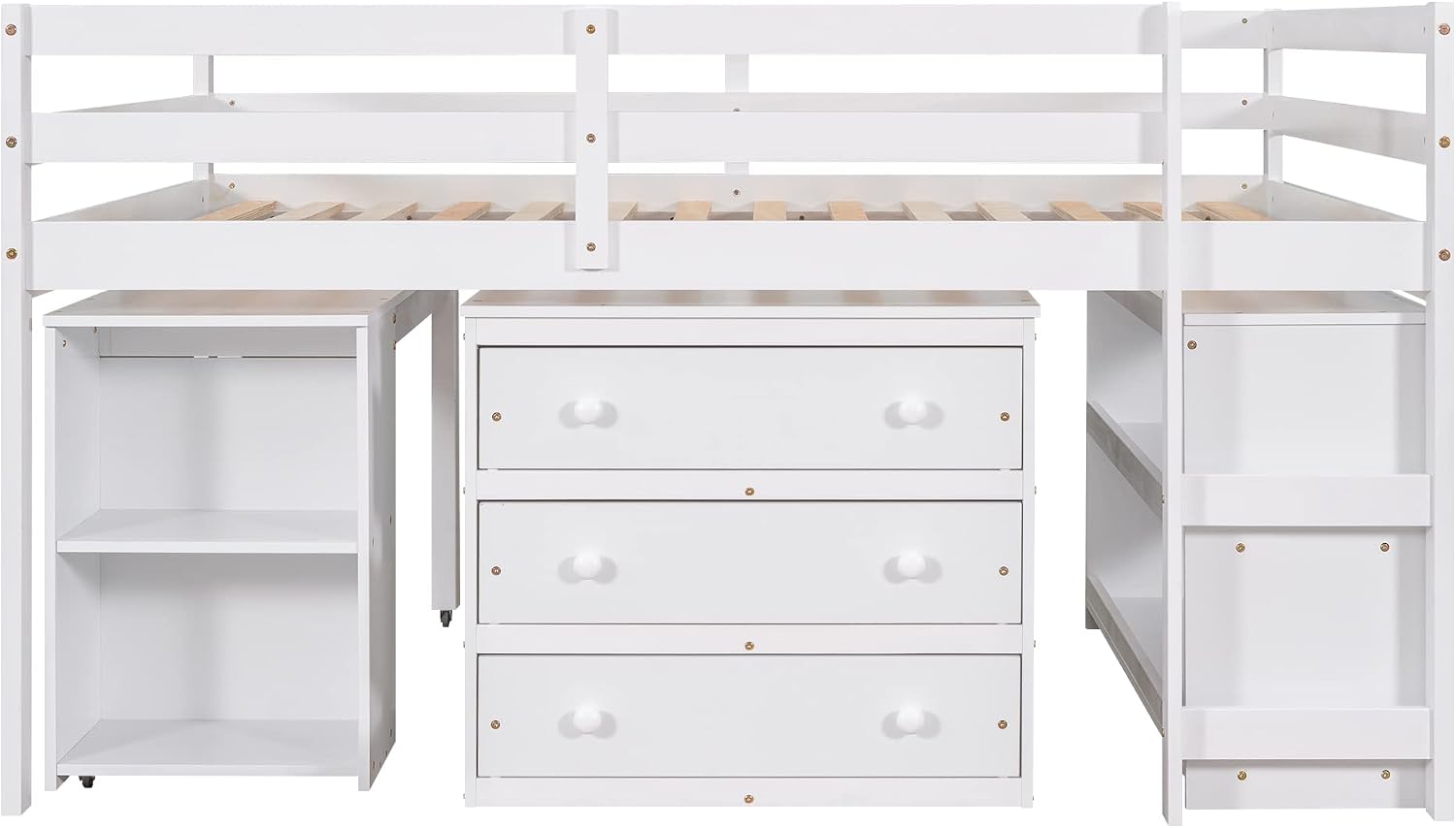 JIVOIT Full Size Low Loft Bed with Rolling Portable Desk, Wooden Loft Bed with Cabinet/Bookshelf/Drawers/Open Shelves for Kids Teens Adults, No Box Spring Required (White-Full-Rolling Portable Desk)
