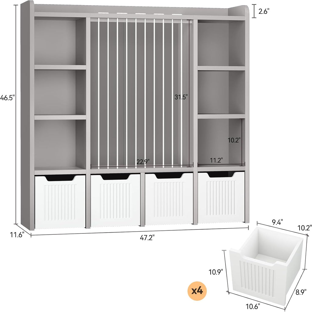 ONBRILL Toy Storage Organizer, Toddler Stuffed Animal Storage, Kids Toy Shelf with 6 Open Cubbies & 4 Movable Toy Chest, Bookshelf for Kids Room Playroom Bedroom Nursery (Grey)