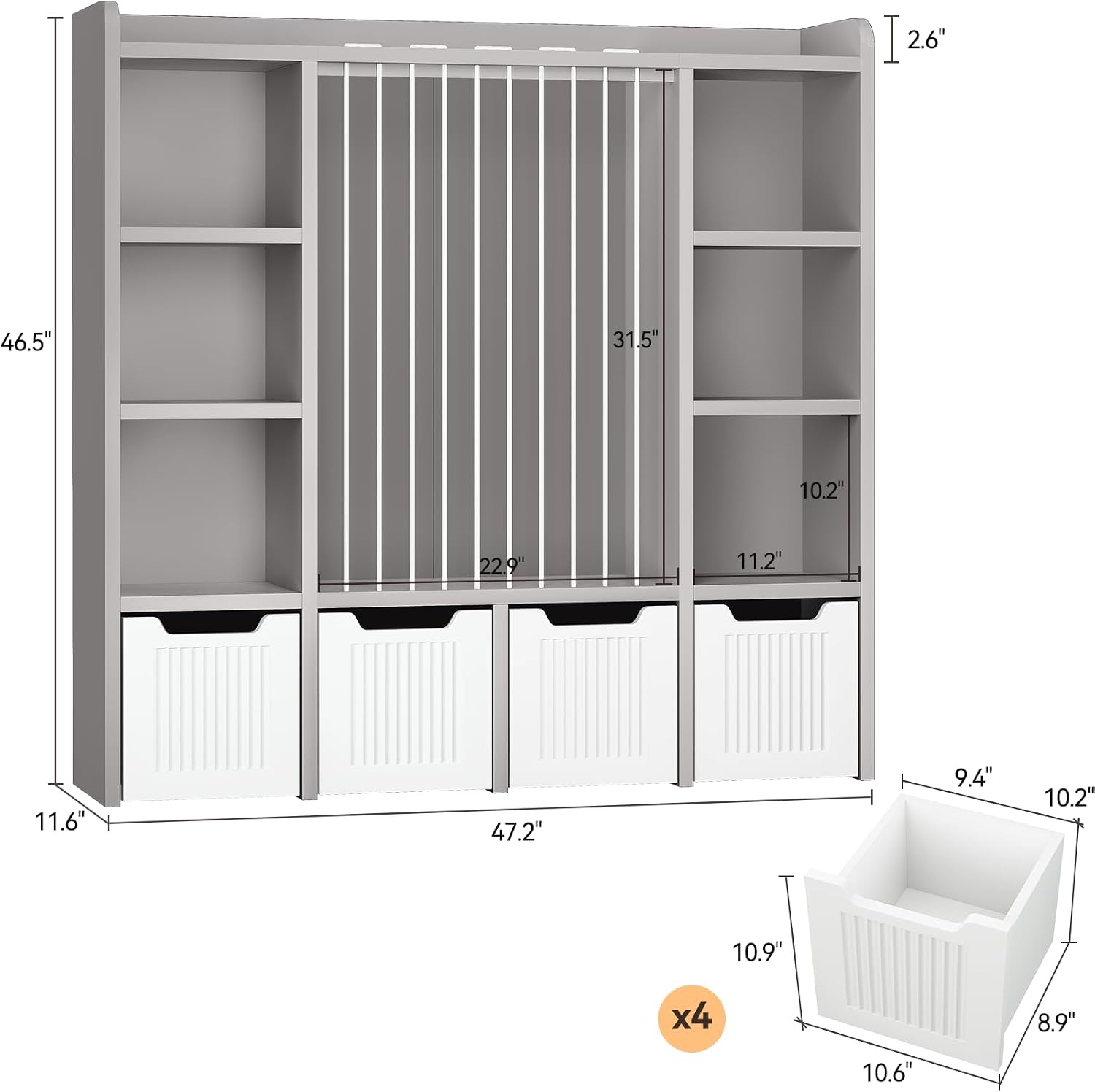 ONBRILL Toy Storage Organizer, Toddler Stuffed Animal Storage, Kids Toy Shelf with 6 Open Cubbies & 4 Movable Toy Chest, Bookshelf for Kids Room Playroom Bedroom Nursery (Grey)