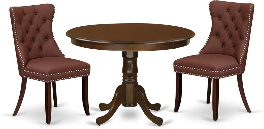 East West Furniture HLDA3-MAH-26 3 Piece Dinette Set Includes a Round Dining Table with Pedestal and 2 Polyester Fabric Upholstered Parson Chairs, 42x42 Inch, Mahogany