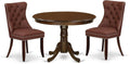 East West Furniture HLDA3-MAH-26 3 Piece Dinette Set Includes a Round Dining Table with Pedestal and 2 Polyester Fabric Upholstered Parson Chairs, 42x42 Inch, Mahogany