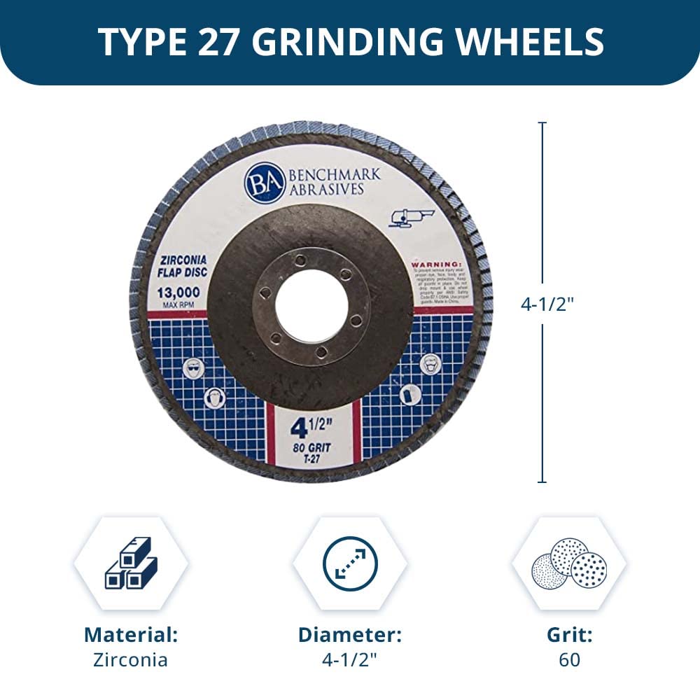 Benchmark Abrasives 4.5' x 7/8' Premium Zirconia T27 Flat Flap Discs 4 1/2 for Angle Grinder Sanding Discs, Finishing Grinding Wheels 4 1/2 Inch for Sanding Stock Rust Removal (100 Pack) - 60 Grit