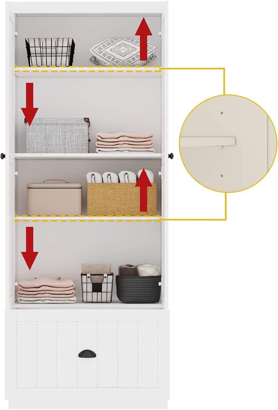 AIEGLE 2 Doors Wardrobe Armoire Closet, Bedroom Storage Cabinet Organizer with 4 Tiers Shelf & Drawer, Freestanding Armoire Wardrobe Cabinet, White (27.6' W x 13.8' D x 70.9' H)