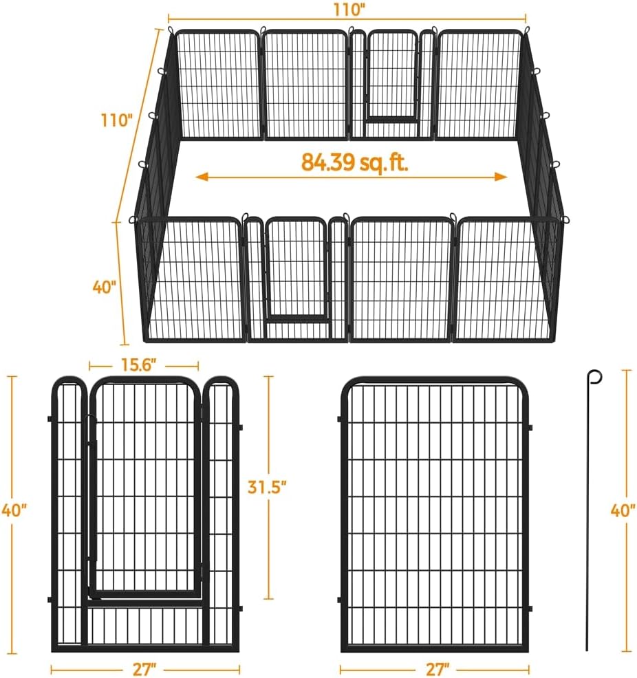 Yaheetech 40in 16-Panel Metal Dog Playpen Fence for Indoor Yard RV Camping | Heavy-duty Rustproof Frame with Secure Latch Door, Tool-free Assembly, Foldable Storage, Ideal for Medium to Large Dog Breeds