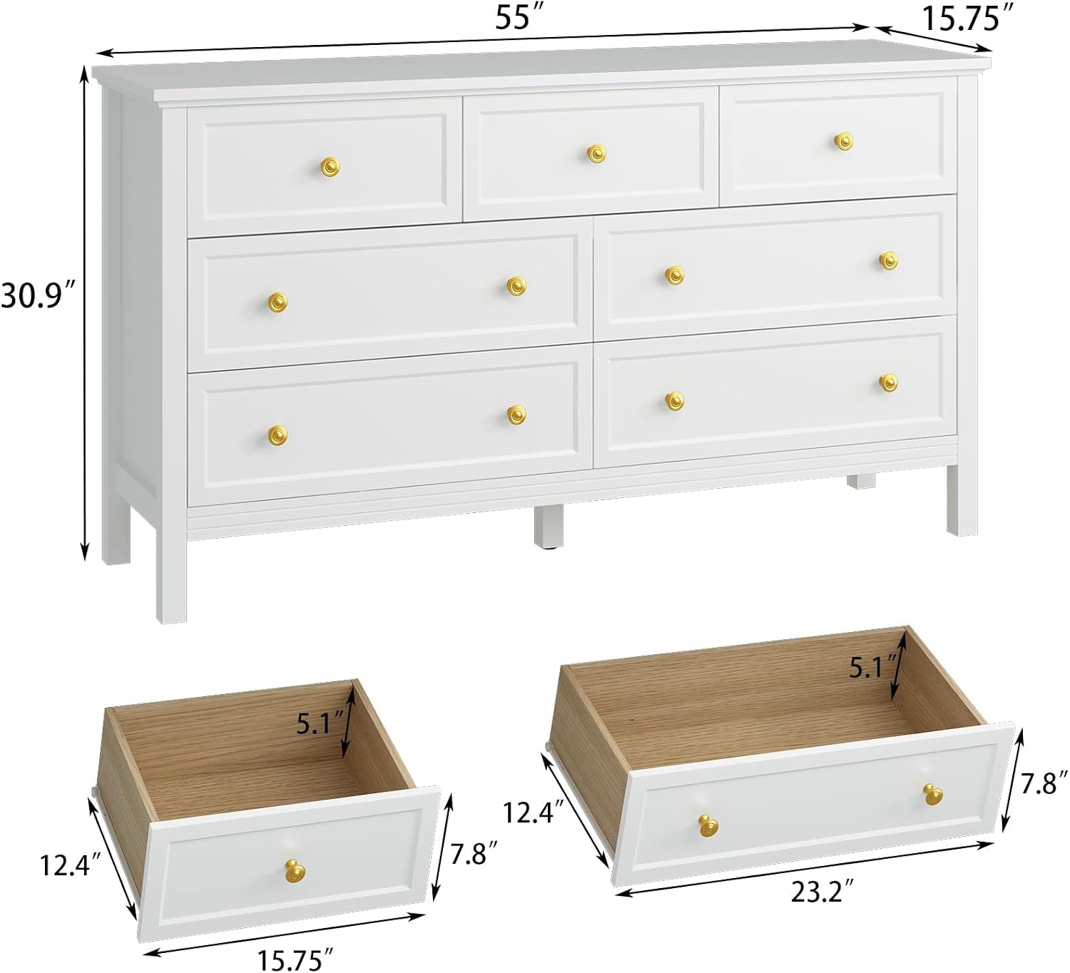CARPETNAL White Dresser for Bedroom, 7 Drawer Dresser with Wide Drawers and Gold Metal Handles, 55' White and Gold Dressers TV Stand, Modern Dressers & Chests of Drawers for Hallyway, Entryway