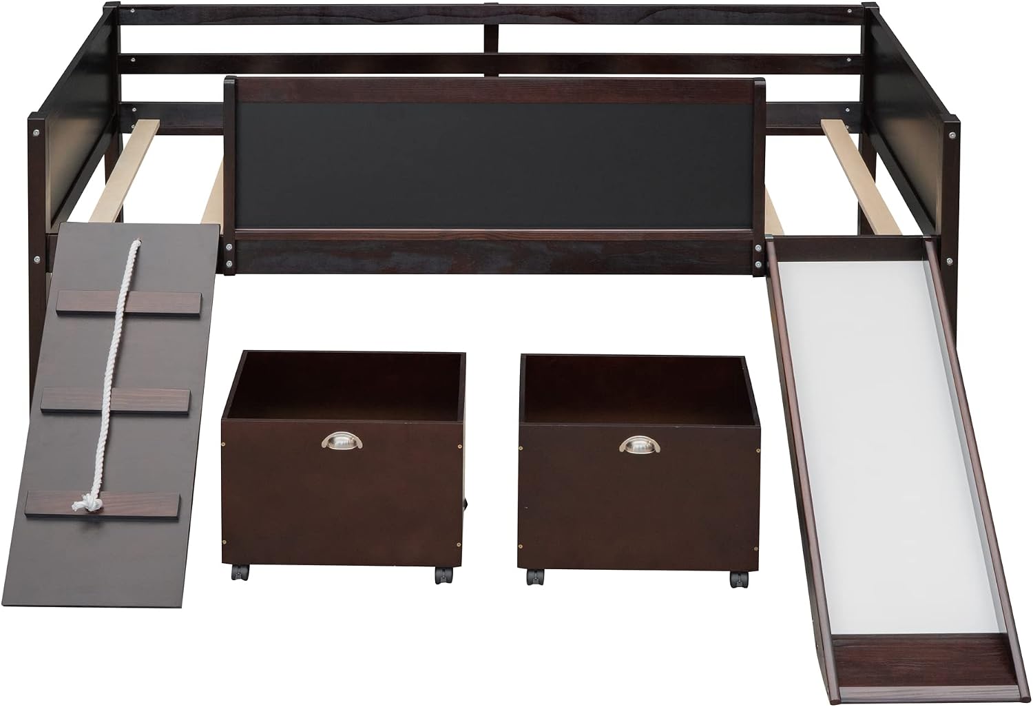 JIVOIT Twin Size Low Loft Bed with Climbing Frame & Rope, Wood Loft Bed Frame with Two Storage Boxes, Slide and Double-Sided Chalkboard, Pine Wood Bed Frame for Kids Teens (Espresso+Rope)