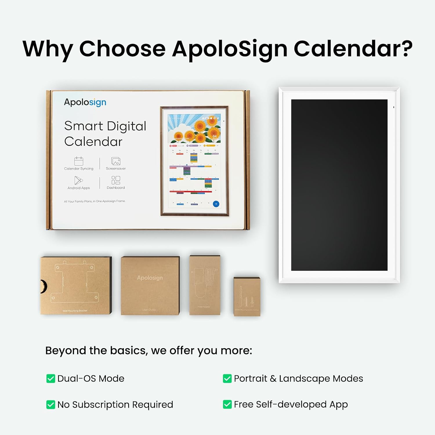 Apolosign 21.5-inch Digital Calendar & Smart Family Wall Planner, No Subscription, Calendar & Dashboard Dual-Mode System, Shared Touchscreen Display with Calendar Sync, Chore Charts & Family Scheduling Hub (White)