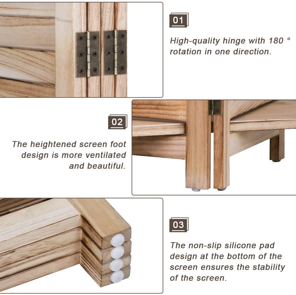 4 Panel Room Divider Folding Privacy Wooden Screen with Three Clever Shelf Portable Partition Wood Divider for Home Office, Natural
