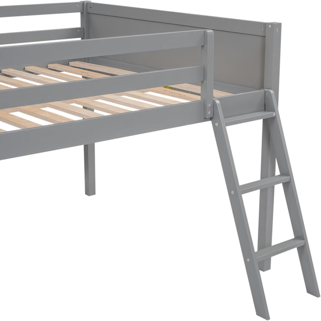 Full Size Loft Bed, Wood Loft Bed with Convertible Ladder, Ladder can be Placed on the Left or Right, Low Loft Bed with Full-Length Guardrails, No Box Spring Required (Gray,Full & Convertible Ladder)