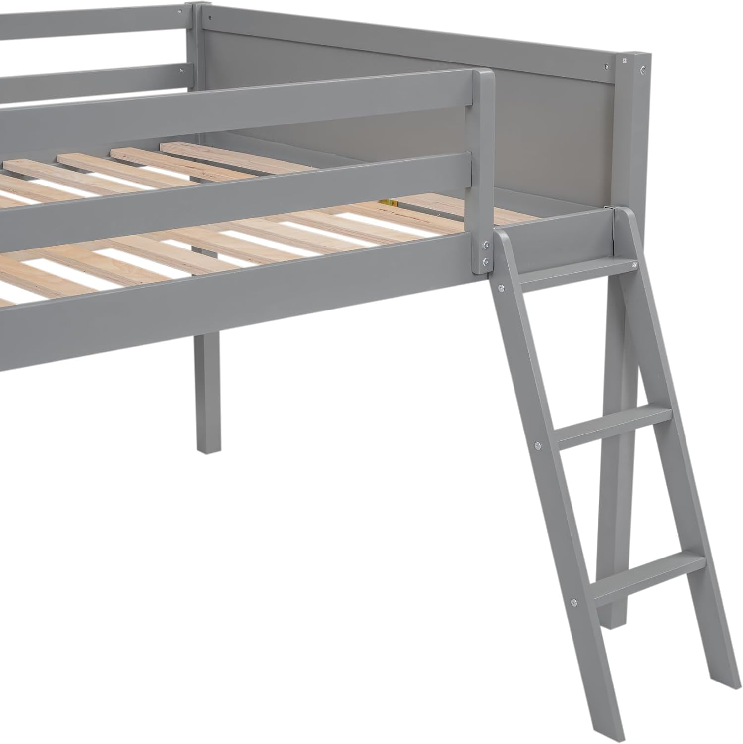 Full Size Loft Bed, Wood Loft Bed with Convertible Ladder, Ladder can be Placed on the Left or Right, Low Loft Bed with Full-Length Guardrails, No Box Spring Required (Gray,Full & Convertible Ladder)