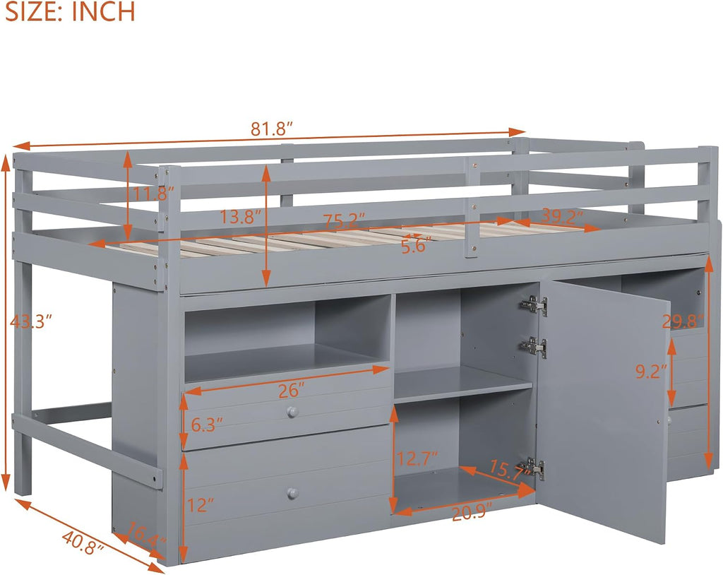 JIVOIT Twin Size Loft Bed with 4 Drawers, Underneath Cabinet and Shelves, Muti-Functional Loft Bed with Full-Length Guardrails and Ladder, Space-Saving Low Loft Bed for Kids Teens (Gray & 4 Drawers)