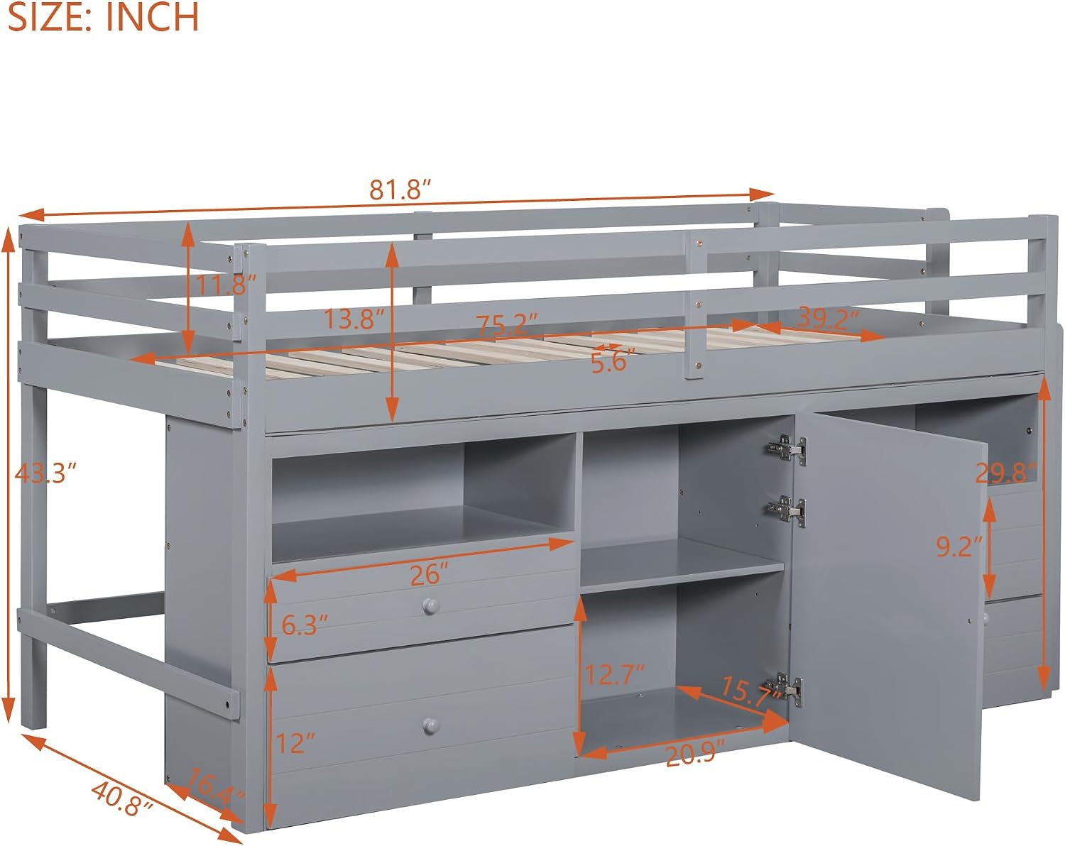 JIVOIT Twin Size Loft Bed with 4 Drawers, Underneath Cabinet and Shelves, Muti-Functional Loft Bed with Full-Length Guardrails and Ladder, Space-Saving Low Loft Bed for Kids Teens (Gray & 4 Drawers)