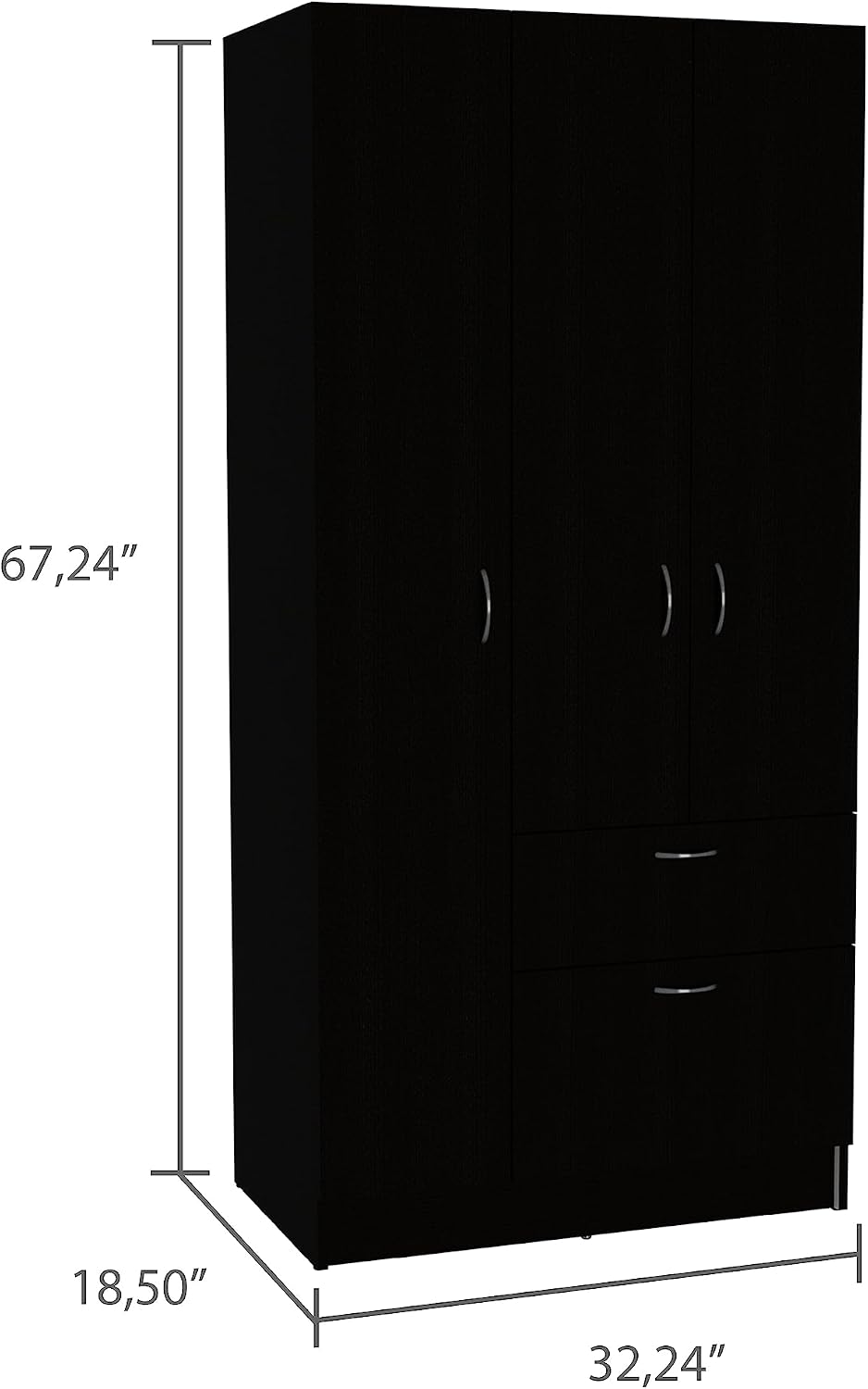 No Tools Needed! 3-Piece Bedroom Set: Wardrobe with Hanging Rod & 2 Drawer Nightstands, Easy Snap-Together Assembly, Sturdy Black Furniture