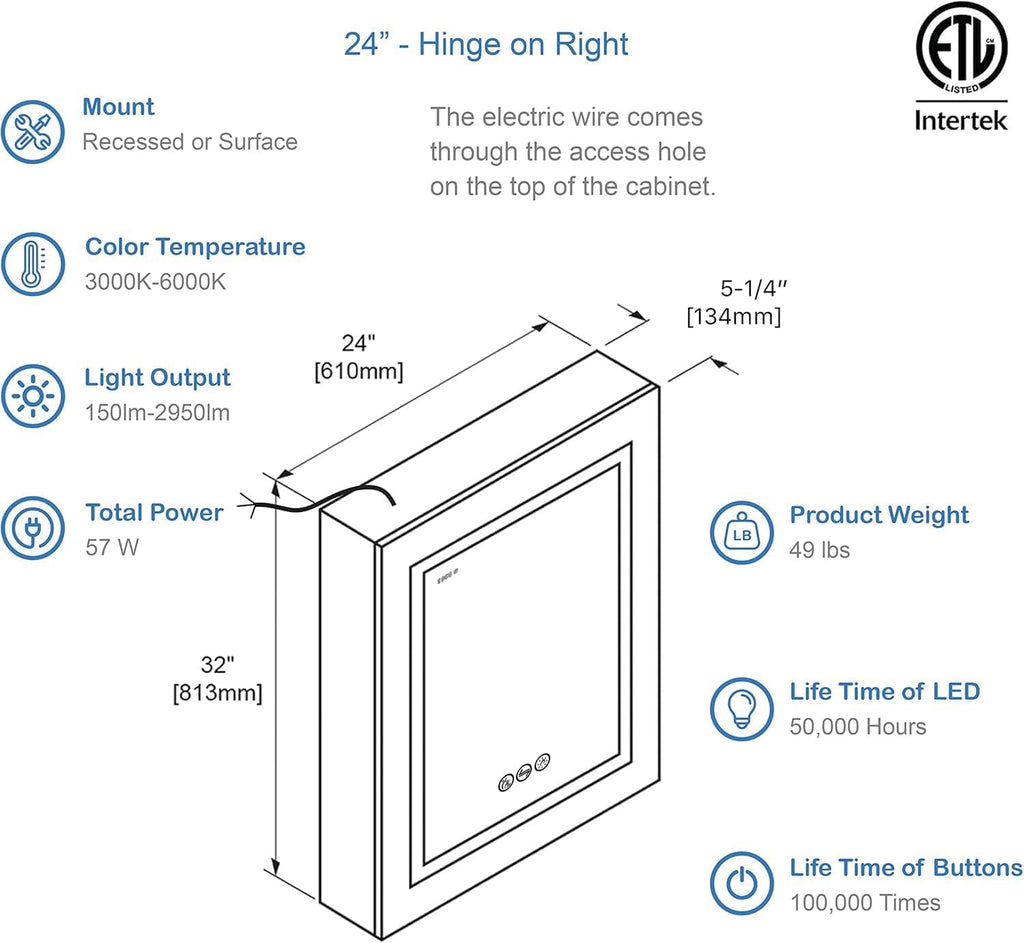 Blossom LED Medicine Cabinet with Mirror, 24x32 in, Lighted Bathroom Mirror Medicine Cabinet, Defogger, Recessed/Surface 3X Makeup Mirror, Adjustable Brightness, Outlets & USB, A2(M)-24-Right Hinge