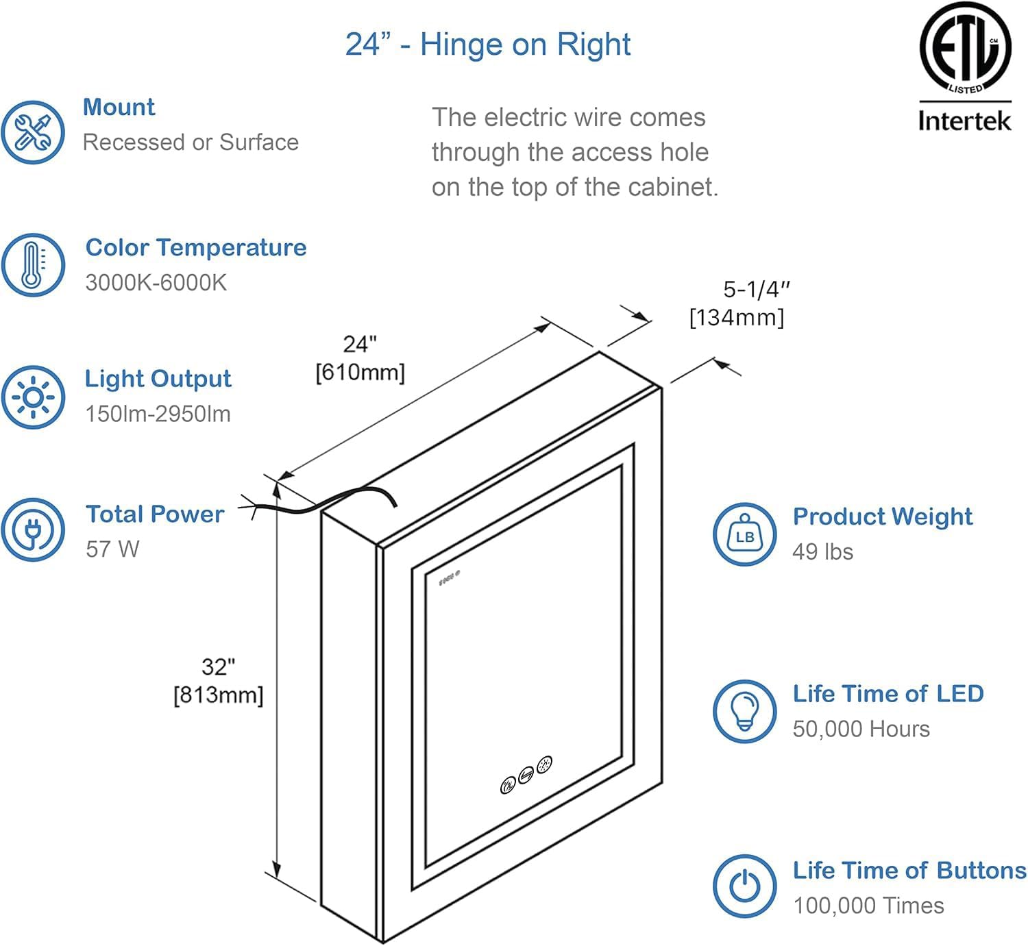 Blossom LED Medicine Cabinet with Mirror, 24x32 in, Lighted Bathroom Mirror Medicine Cabinet, Defogger, Recessed/Surface 3X Makeup Mirror, Adjustable Brightness, Outlets & USB, A2(M)-24-Right Hinge