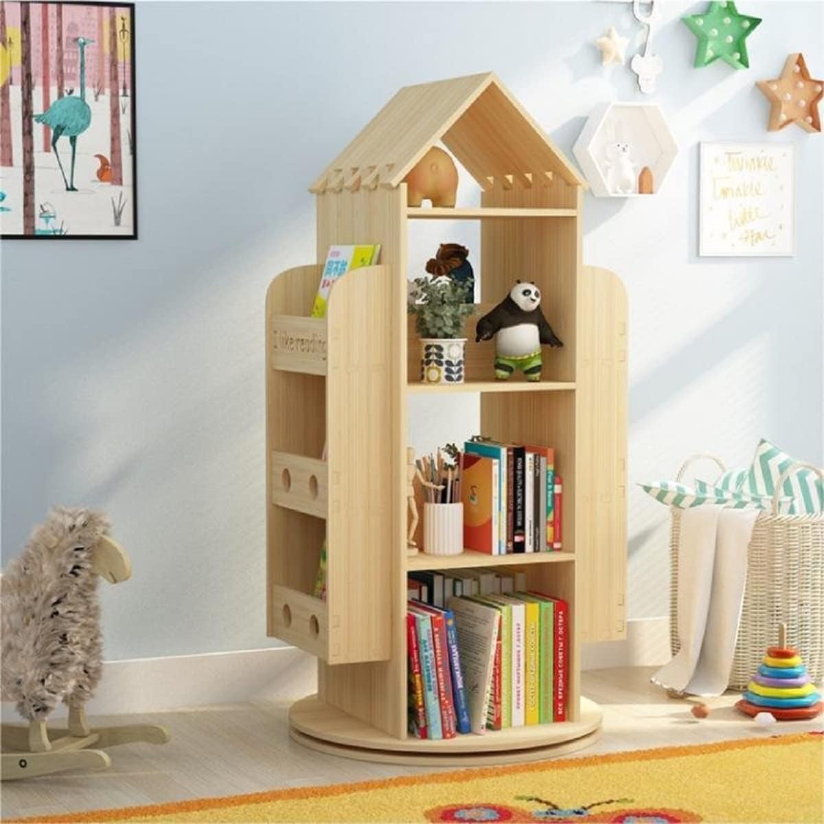 Gdrasuya10 Large Rotating Bookshelf 360 Degree, Wood Castle Bookshelf Bookcase Floor Standing Storage Book Shelf Display Children's Bookcase for Playroom Kidsroom