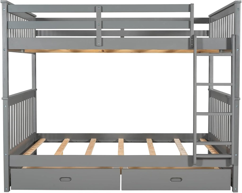 Bed Frames for Kids, Grey Bedding Set Full Over Full with 2 Drawers Ladder and Rail Guard Solid Wood Slats Bunk Bed for Boys and Girls Bedroom