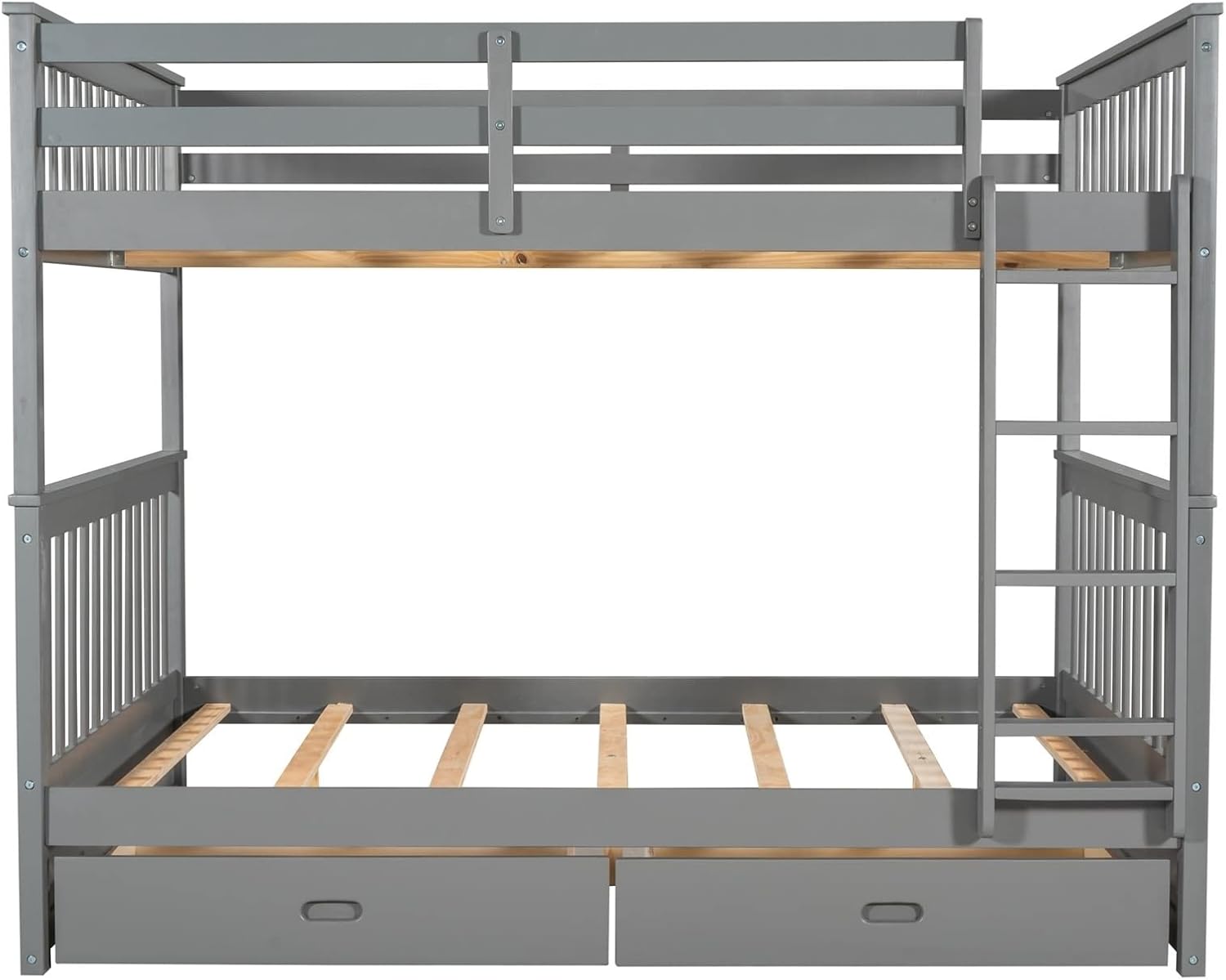 Bed Frames for Kids, Grey Bedding Set Full Over Full with 2 Drawers Ladder and Rail Guard Solid Wood Slats Bunk Bed for Boys and Girls Bedroom