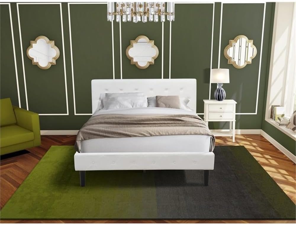 East West Furniture NL19Q-1VL0C 2 Piece Modern Bedroom Set - Button Tufted Modern Bed - Linen white Velvet Fabric Upholstered Headboard and a Wire Brushed Butter Cream Finish Nightstand