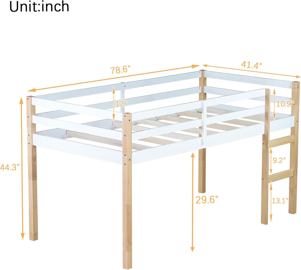 JIVOIT Solid Wooden Twin Loft Bed with Ladder, Rubber Wood Bed Frame with Ladder, Platform of Strengthened Slats, Low Height Design Loft Bed, No Box Spring Needed