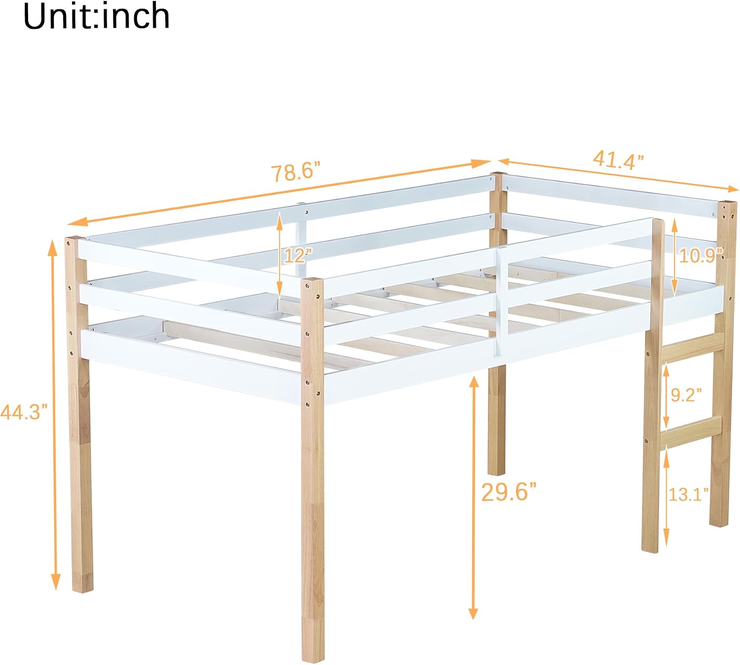 JIVOIT Solid Wooden Twin Loft Bed with Ladder, Rubber Wood Bed Frame with Ladder, Platform of Strengthened Slats, Low Height Design Loft Bed, No Box Spring Needed