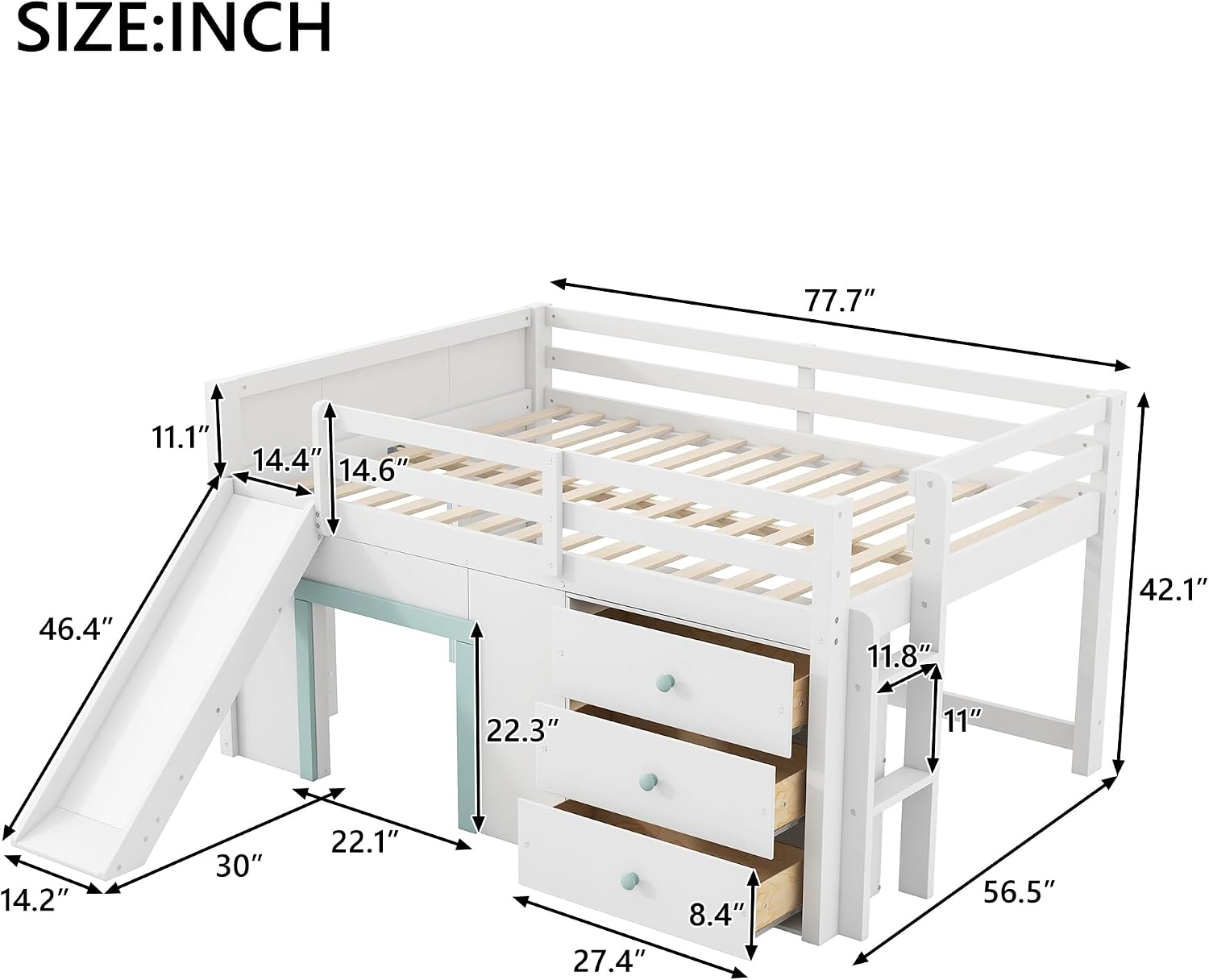 JIVOIT Wooden Low Loft Bed with Slide, Full Size Loft Bed with Three Storage Drawers and Two Doors, Wood Slat Support, No Box Spring Required