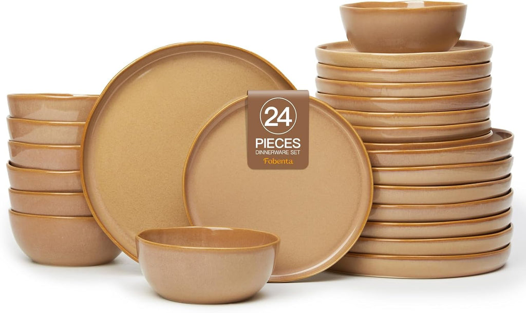 FOBENTA Handcrafted Dish Set for 8,24 Piece Rustic Brown Ceramic Plates and Bowls Set – Vintage-Inspired Dinnerware Sets for Hosting & Everyday Warmth
