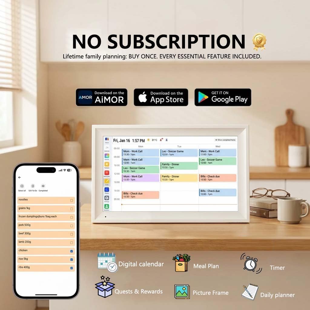 Digital Calendar Family Planner, 15.6', No Subscription | Sync Google, Apple & Outlook calendars with 64GB storage, 8-core CPU, IPS Touchscreen for wall or desk electronic calendar