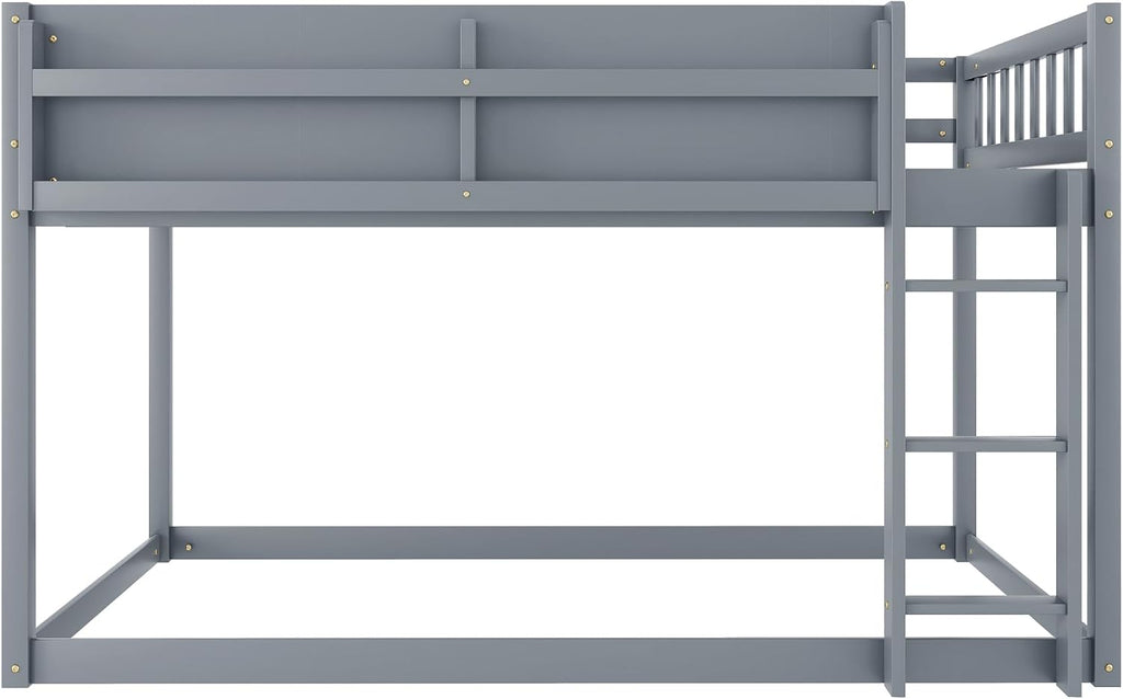 Low Bunk Bed Twin Over Twin for Kids, Wood Floor Bunk Beds with Bookshelf & Ladder, Low Profile Bunked with Full Guardrails for Kids, Juniors, Boys, Girls, Bedroom, Gray