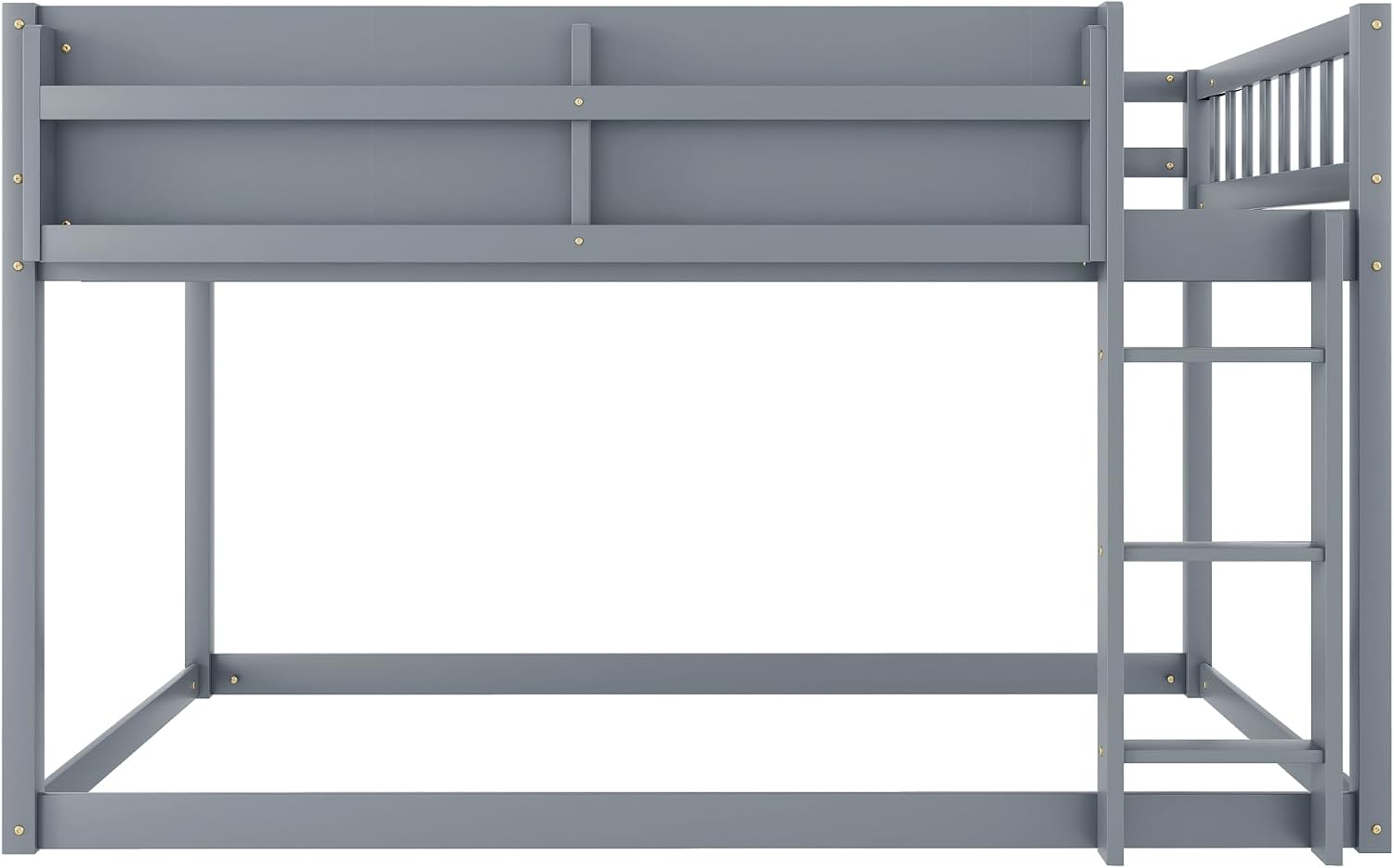 Low Bunk Bed Twin Over Twin for Kids, Wood Floor Bunk Beds with Bookshelf & Ladder, Low Profile Bunked with Full Guardrails for Kids, Juniors, Boys, Girls, Bedroom, Gray