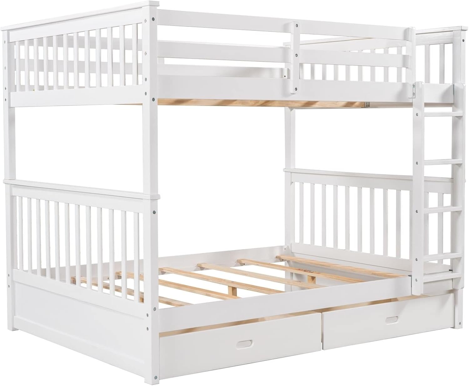 Short Bunk Bed, Full Bed with Drawers White Full Over Full with 2 Drawers Ladder and Rail Guard Solid Wood Slats for Boys and Girls Bedroom
