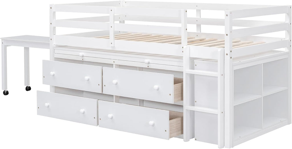 JIVOIT Twin Size Low Loft Bed with Retractable Writing Desk, Storage Bed with 4 Drawers and Shelves, Wooden Loft Bed with Lateral Portable Desk for Kids Teens Adults Bedroom (White,Twin,9)